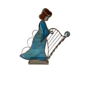 Stained Glass Angel‎ Figurine With Harp Blue & Silver Christmas Holiday